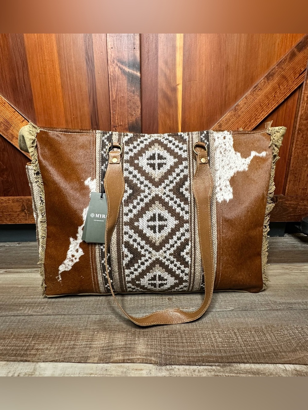 Myra large tote weekender Elise Upcycled Canvas Brown cowhide NWT